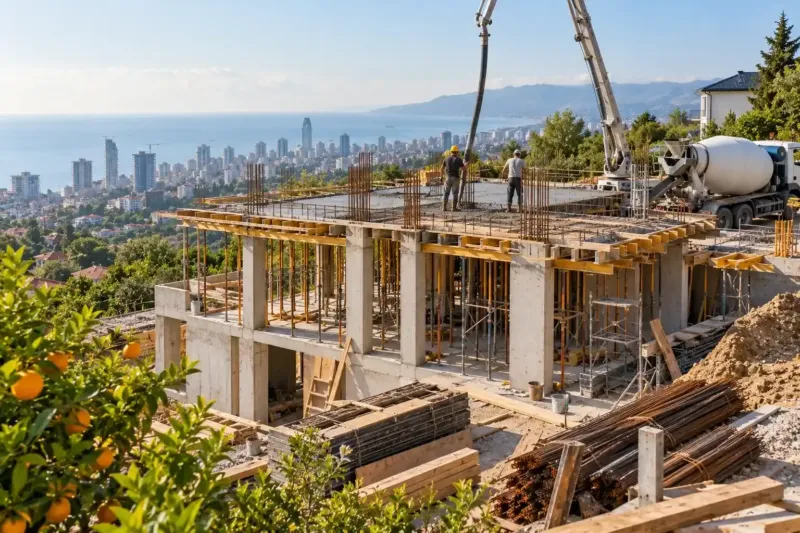 A private house being built near Batumi, with the concrete frame of the ground floor and formwork