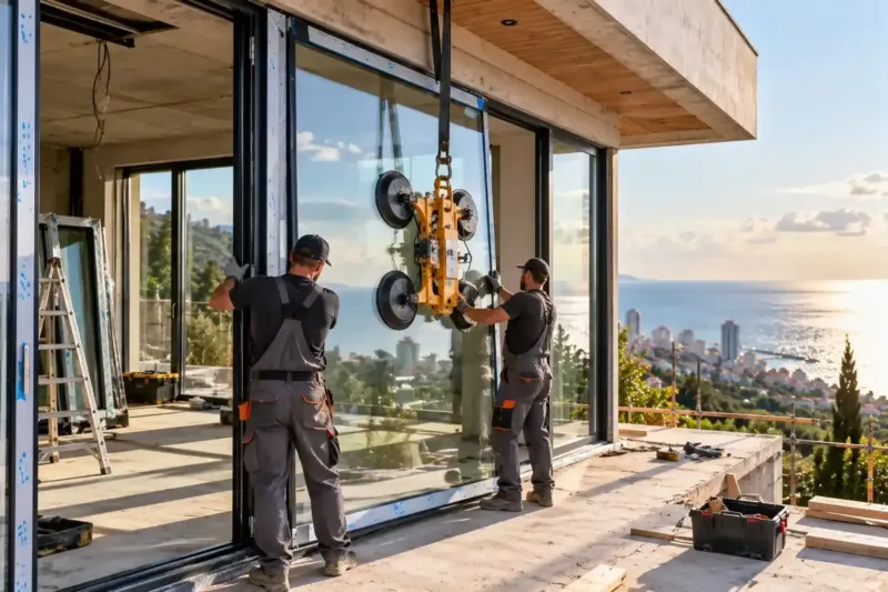 Installing panoramic glazing on a villa: an aluminium sliding door lifted on suction cups