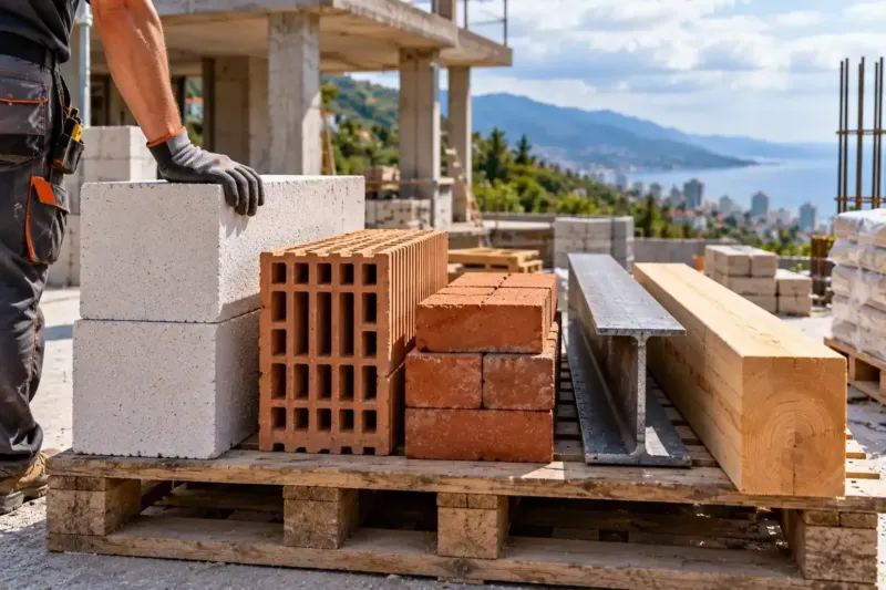 Wall materials on a building site: aerated concrete, ceramic block, brick, steel and timber