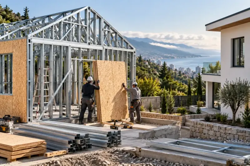 A light gauge steel house frame being assembled next to a finished block house