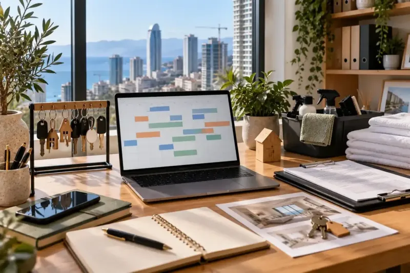 A property manager's desk with a booking calendar, keys and a cleaning kit